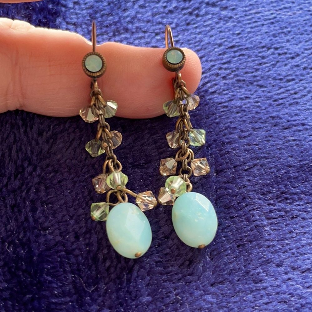 Vintage Drop Earrings With Glass Crystal-Like Aqua-Turquoise Gems
